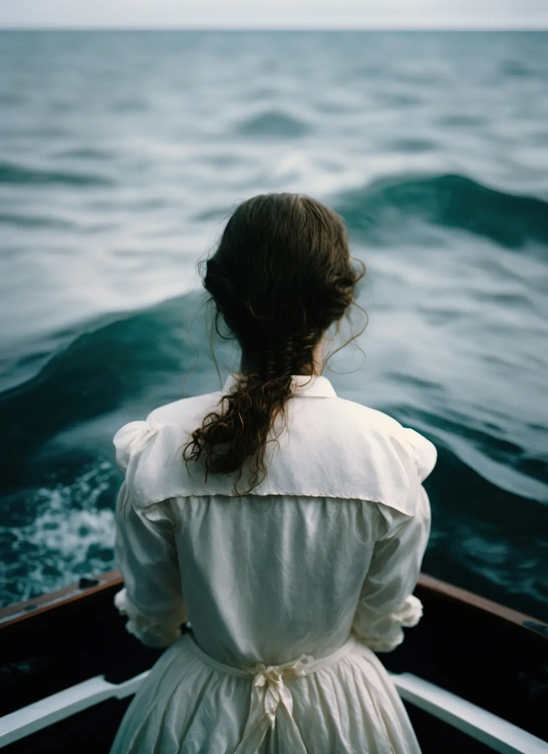 Ein Mädchen in einem weißen Kleid steht in einem Boot mitten im Meer, mit dem Rücken zur Kamera, Meer, Ozean