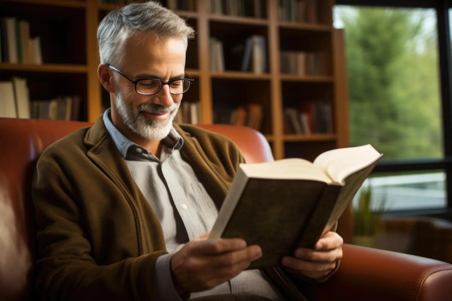 Ein kaukasischer Mann mittleren Alters mit sanften Gesichtszügen hinterlässt einen einladenden Eindruck. Er sitzt in einer gemütlichen Ecke der Bibliothek und macht sich ständig Notizen, während er damit beschäftigt ist, die Verhaltensanalysen seiner Kunden auf den neuesten Stand zu bringen.