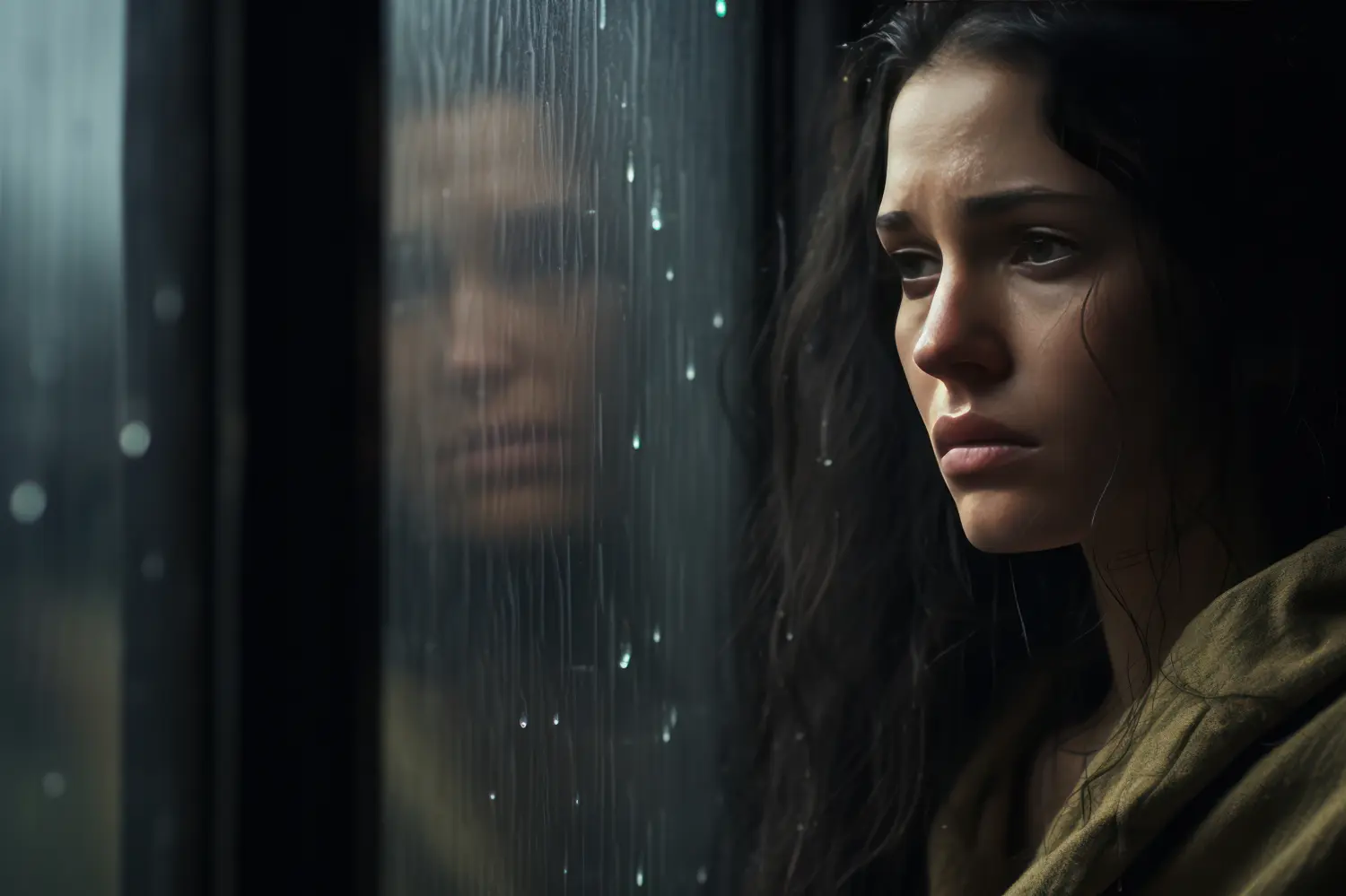 Deprimierte Frau schaut an einem regnerischen Tag aus dem Fenster. Frauenporträt einer Person im Regen am Blauen Montag. Bewusstsein für psychische Gesundheit. Anzeichen einer Depression.